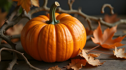 A vibrant orange pumpkin sits amidst fallen autumn leaves and rustic branches, creating a picturesque autumnal scene.