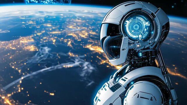 An advanced robotic figure surveys the beauty of Earth from space, highlighting the vastness and wonder of the universe in vibrant detail