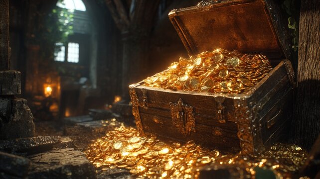 treasure chest with gold spilling out in piles