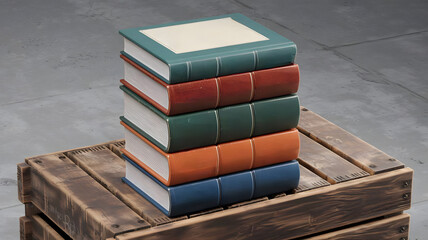 Stack of vintage books with colorful covers on wooden pallet in minimalistic setting