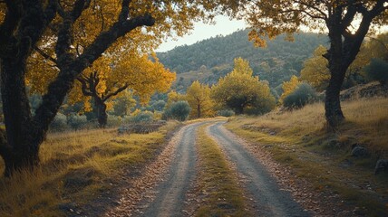 A landscape of northern spain in autumn with a dirt road and a leafy forest