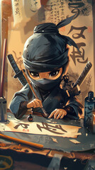 Adorable Ninja Character Practicing Calligraphy in Traditional Japanese Setting with Swords and Ink