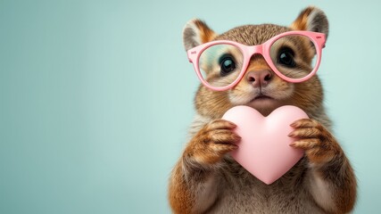 Obraz premium squirrel in pink glasses holding heart on green background