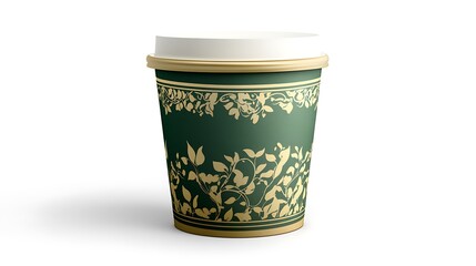 A blank green and gold takeaway coffee cup design with seamless edges, isolated on a crisp white background for mockup use.
