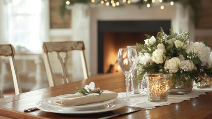 Fototapeta premium Rustic Valentine dinner setup with roaring fire, elegant tableware, and floral centerpiece creating cozy and romantic atmosphere