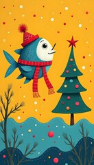 Fototapeta premium Cute Christmas Fish with Scarf and Hat near Festive Xmas Tree