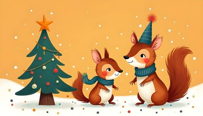Obraz premium Cute Squirrels with Christmas Tree in Winter Wonderland