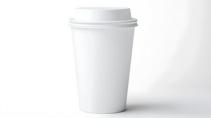 A blank solid white medium takeaway coffee cup mockup with a closed lid isolated on a white background, side view, perfect for branding design presentations.