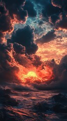 Dramatic Eruption of a Volcano Against an Ominous Sky with Fiery Hues and Turbulent Seas Captured in a Vivid Landscape Scene at Dusk