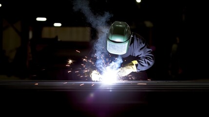 Captivating Nighttime Arc Welding Scene with Sparkles and Strong Focus on the Welder's Skill