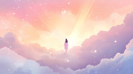 Obraz premium Radiant cosmic light emerging from pastel clouds in the stars. Heavenly. Illustration