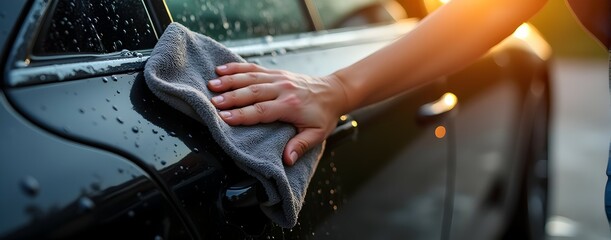 Sunlit Car Wash: A hand gently dries a dark car, water droplets glistening, creating a captivating scene of meticulous car care.