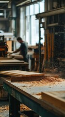 Fototapeta premium Carpenter Working in a Busy Workshop with Flying Wood Particles and Sunlight Streaming Through Large Windows