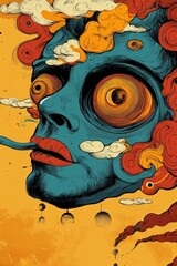 Surreal Face with Swirling Clouds and Abstract Forms