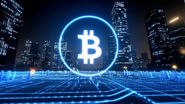 Illustration holographic of bitcoin illuminated in neon glow on a solid black background. Glowing Bitcoin web3 cryptocurrency background.	