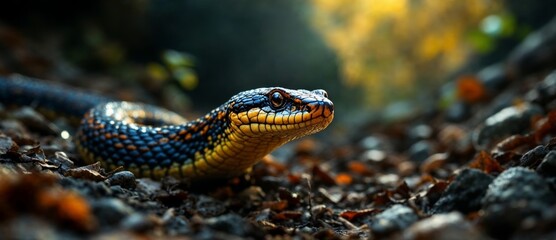 Fototapeta premium snake in the garden, black mamba, cobra snake in the forest