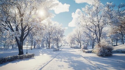 Obraz premium Winter park with snow on a sunny day.