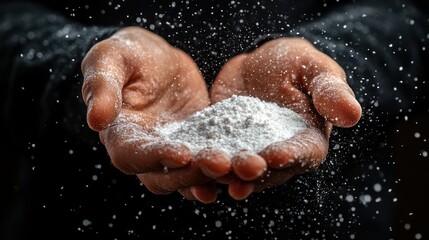 Fototapeta premium Hands holding a fine white powder, with particles floating in the air.