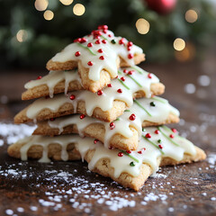 Obraz premium Stack of Christmas tree-shaped cookies topped with white icing and red and green candy sprinkles, arranged for the holiday season.