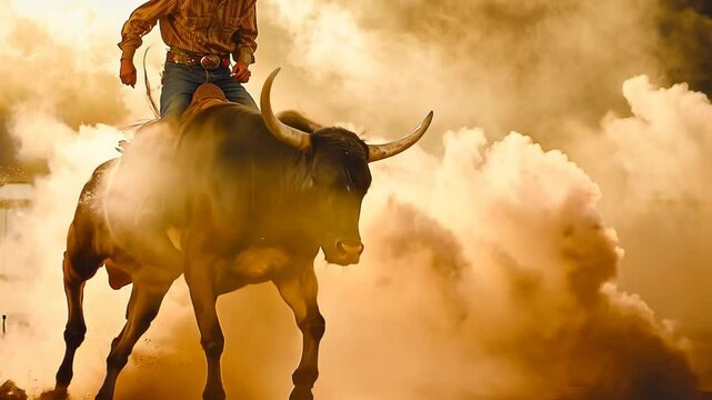 Cowboy rides a kicking black bull through a dusty arena at sunset, A cowboy rides a rank black bull that kicks up dust in the sunlight