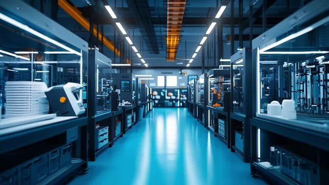 Modern robotic arm handling test tubes and moving inside a high tech innovative laboratory, with nobody present. Blue and orange color grading