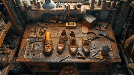 Rustic cobbler's workshop with leather boots and tools.