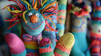 Fototapeta premium Colorful Handmade Knitted Dolls with Vibrant Patterns and Textures in a Playful Display of Artisanal Craftsmanship