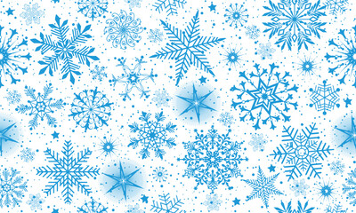 Vector Christmas hand drawn seamless pattern with doodle blue monochrome snowflakes  and stars on transparent background