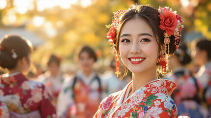 Fototapeta premium Radiant Smiles and Cultural Elegance: Women in Japanese Kimonos