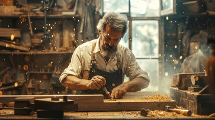 Elderly carpenter meticulously crafting wood in his workshop, sawdust flying.