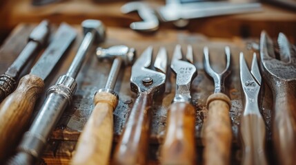 Close-up of vintage woodworking tools on a wooden surface.