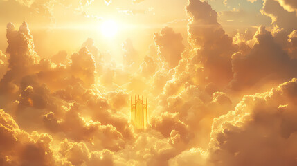 Fototapeta premium Golden gates shining among fluffy clouds in a heavenly sky, heaven, gate, clouds, golden, glorious, sky, celestial. Heavenly. Illustration