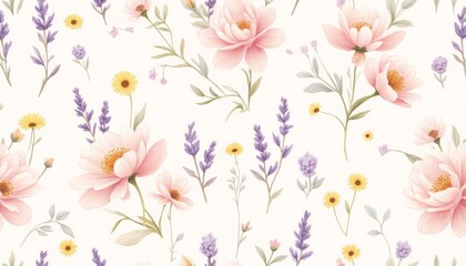 Delicate Floral Pattern with Peonies, Lavender, and Daisies in Soft Pastels