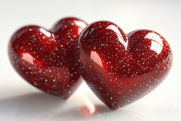Fototapeta premium Two red hearts sit side by side on a surface, symbolizing love and affection