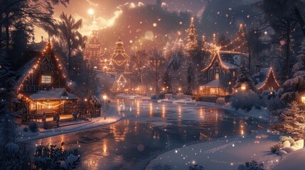 Magical snowy village at sunset, ice skating.
