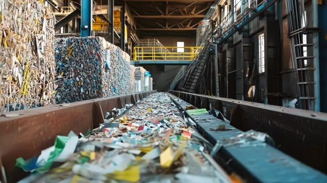 Inside a recycling facility, a conveyor belt moves forward, carrying a steady stream of shredded paper, destined for processing and a second life