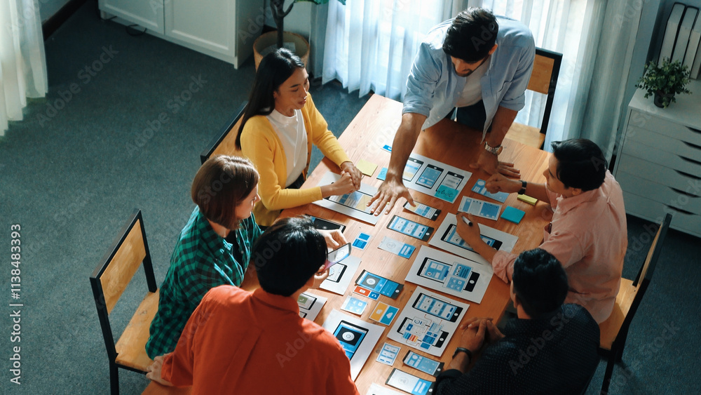 Poster top view of developer team designing ux ui design for phone interface or planning for making digital