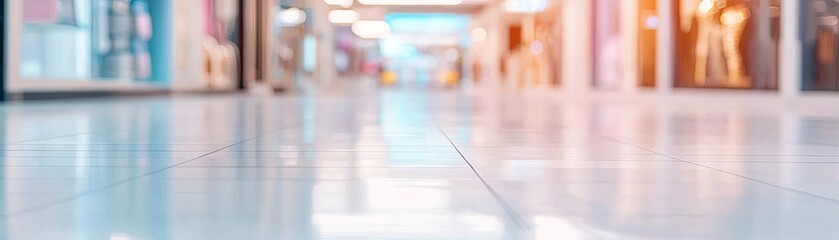 Obraz premium A modern shopping mall interior with glossy floors and colorful storefronts.