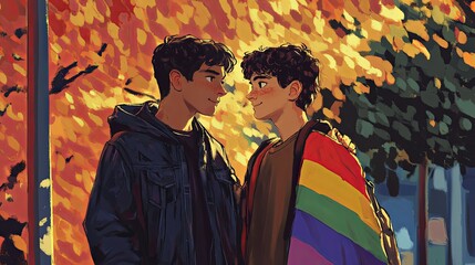 Fototapeta premium Young couple sharing a tender moment in a colorful autumn park while one wears a pride flag wrapped around shoulders in the warm evening light