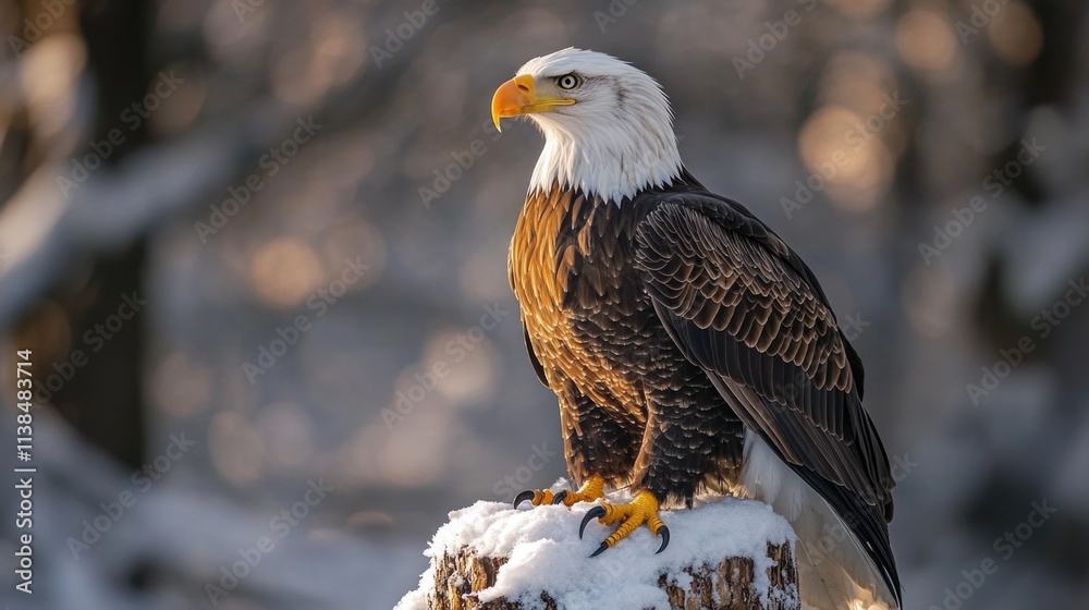 Poster a bald eagle sits on top of a decaying tree stump in a forest or wilderness setting