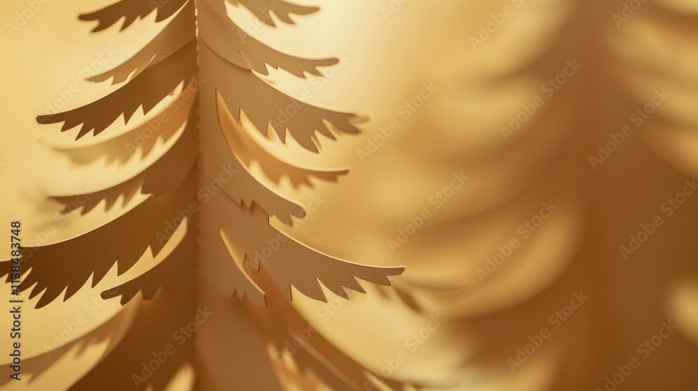 Poster a close-up view of a paper-cut pine tree, with intricate details and textures