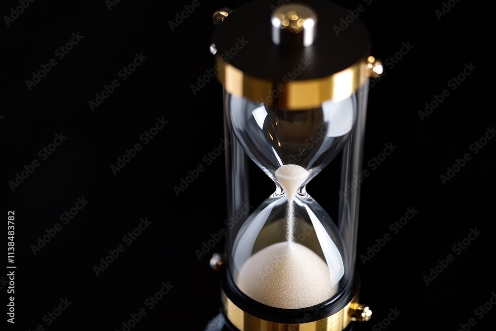 Poster a detailed image of an hourglass with flowing sand on a dark background, often used as a symbol of t