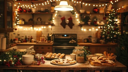 Cozy Christmas kitchen with baked goods and decorations.