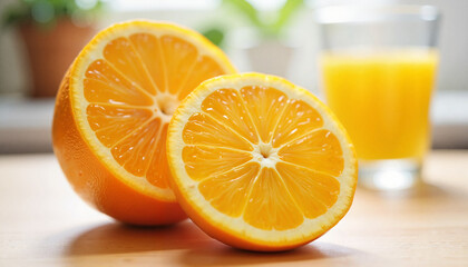 Fototapeta premium Spring Vitamin Deficiency. Close-up of half-cut orange with juice drops on wooden table in kitchen