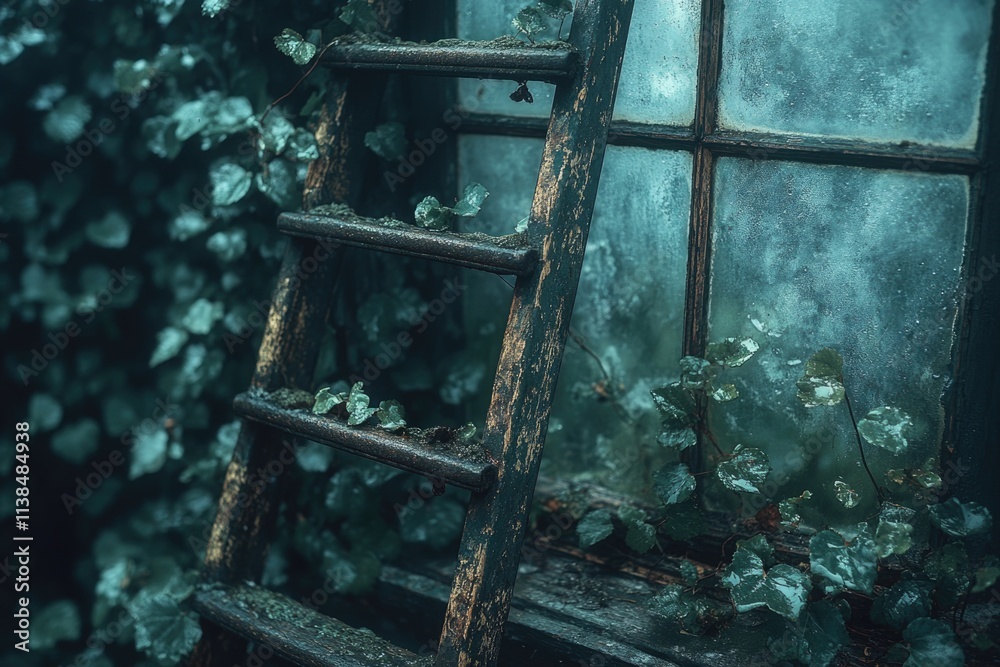 Poster a worn out ladder leans against a window with ivy growing on it