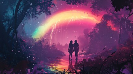 Fototapeta premium Couple walking hand in hand under a vivid rainbow amidst a colorful forest landscape during a serene twilight