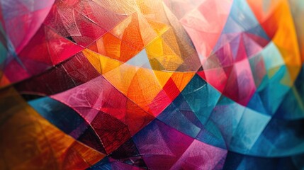 Fototapeta premium Abstract colorful geometric painting with overlapping triangles and vibrant hues.