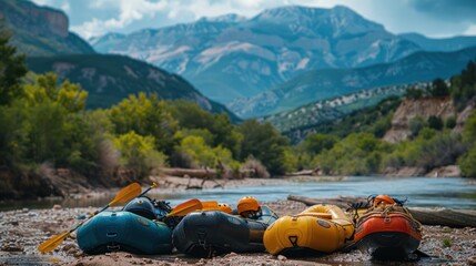 Fototapeta premium River rafting equipment on a rocky riverbank with mountain backdrop.