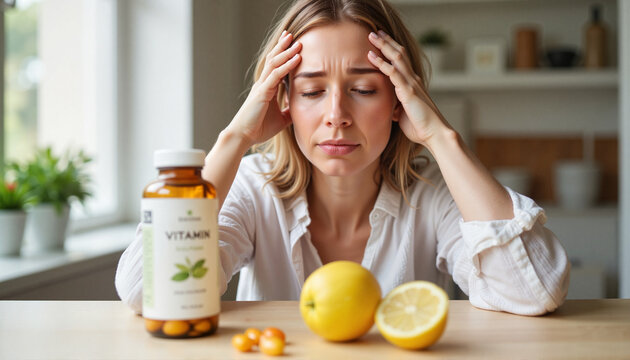 Spring Vitamin Deficiency. Person holding head with strained expression, headache and vitamin supplements on table