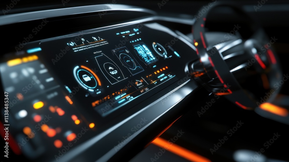 Poster modern car dashboard with digital display and controls for navigation and entertainment.
